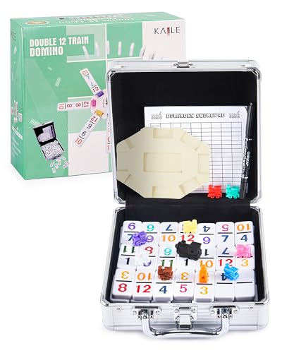 KAILE Mexican Train Dominoes Set with Numbers, 91 Tiles Double 12 Colored Dominoes Game Set with Aluminum Case for Families Kids 2-4 Players