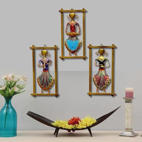 Image of RHEA STORE - Rajasthani Musician Metal Wall Art Set of 3 Frames - Handmade Wall Decor for Living Room Decoration (Medium Size)