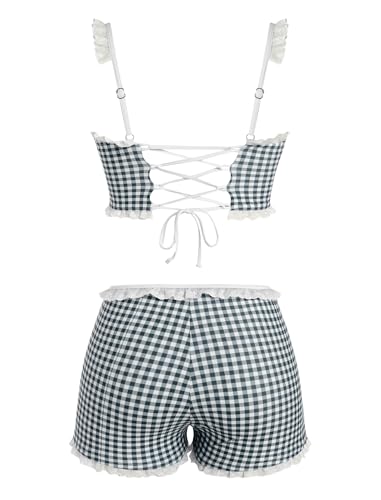 Image of ZAFUL Womens High Waisted Bikini Sets 2 Piece Plaid Ruffle Swimsuits Back Strap Top with High Waisted Shorts Bathing Suit