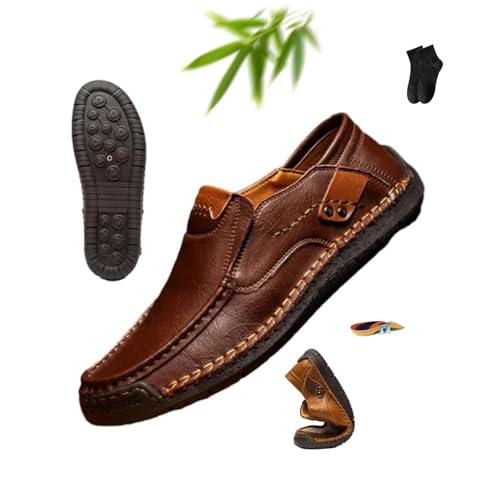 Mocasines de piel auténtica hechos a mano para hombre, zapatos de conducción casuales sin cordones, mocasines para caminar, marrón oscuro, 43.5 EU