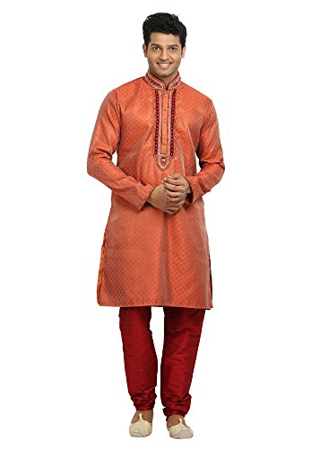 Saris and Things Pijama kurta indiano Saffron Sherwani para homens, Açafrão coral, 40