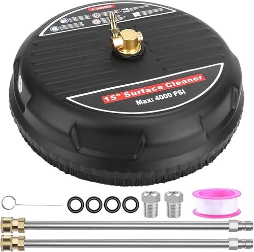 Surface Cleaner for Pressure Washer, Driveway Power Washer Attachment with 2 Extension Wands and 2 Replacement Nozzles, 4000 PSI, Black (15 inch)