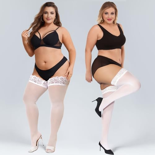Image of Buauty Plus Size Thigh High Stockings with Silicone Lace Top for Stay-Up Comfort,sheer Stay Up Lingerie Pantyhose for Women