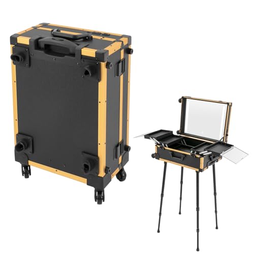 Maletín de maquillaje, maletín de maquillaje con ruedas de aleación de aluminio, organizador de maquillaje con 4 ruedas universales y espejo de luz LED, para maquilladores, estilistas de cabello,