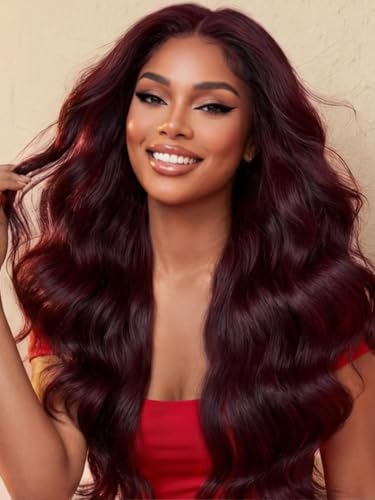 Image of KLAIYI Black Cherry Loose Body Wave Bye Bye Knots Glueless Wig 7x5Precut Lace Front Wigs Human Hair Drawstring Pre Plucked Bleached 30S Ready to Wear and Go Wig with Face Framing Bangs Burgundy 18Inch