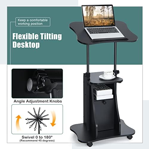 COSTWAY Mobile Laptop Table, Height Adjustable Sit Stand Desk Podium Stand Presentation Cart with Wheels, Shelves and Storage Cabinet, Home Office PC Computer Workstation, Black