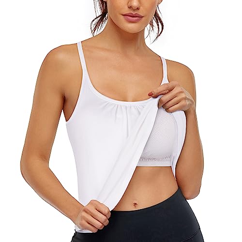 Hibelle Padded Tank Tops for Women Workout Yoga Tank Tops Sports Shirts Racerback Scoop Neck Tanks for Women Spaghetti Strap Adjustment Clothes White 2XL