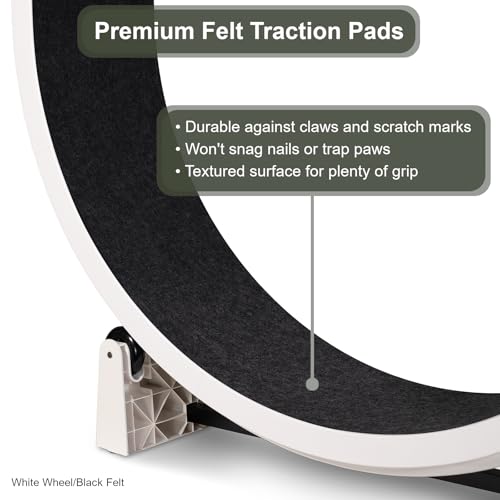 Image of One Fast Cat - Cat Exercise Wheel - Gen. 7 - Safe 48 inch Diameter - Made in The USA - White Wheel with Black Felt Traction Pads and Solid Black Inline Wheels