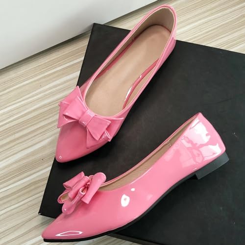 INEELUYI Women's Patent Leather Pointy Toe Slip on Ballets Flats Candy Color Bowtie Bowknot Flats Shoes4
