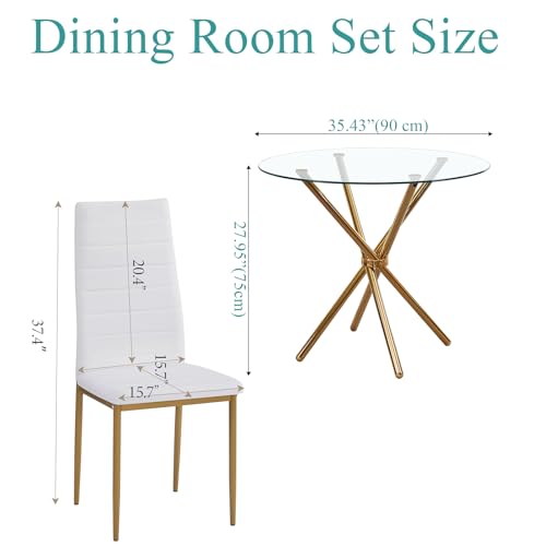 Moderno juego de comedor de 5 piezas con patas doradas, mesa redonda de cristal y sillas de piel sintética, ideal para el hogar, cocina, apartamento, restaurante, espacios pequeños, asientos de 4 - imagen 7