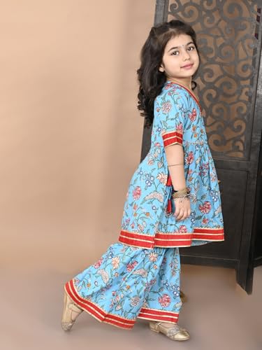 Image of superminis Girls Cotton Floral Printed Gota Patti Work Half Sleeves Sharara Suit