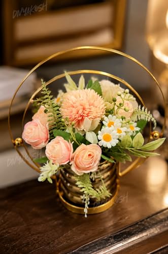 Image of Divyakosh Artificial Flower Vase, Metal Golden Ring with Pre Fixed Flowers, Gift Item, Showpiece | Home Decoration Items for Living Room | Aesthetic Home Decor, Vase for Home Decor'