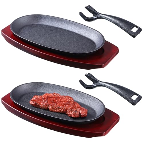 Lista de Sartenes para fajitas comprados en linea. 43 Mifoci - Juego de 2 sartenes ovaladas de hierro fundido para fajita con base de madera y mango de hierro fundido para barbacoa de restaurante (9.5 x 5.5 pulgadas)