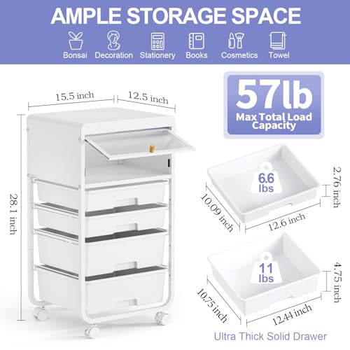 Image of SYKIARIOL 4 Drawers Rolling Storage Drawer Craft Organizers Bookshelf Cart with Dust-Proof Door for Kids Playroom,Bedroom,Home Office, White