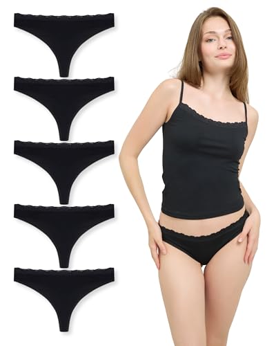 mimosso Damen Tanga mit Spitze aus Bio-Baumwolle 5er Pack – Sexy, Weich & Unsichtbar – Bequeme Unterwäsche für Alltag - Schwarz