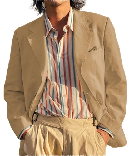 Mens Vintage Casual Linen Blazer Suit Jacket One Button Slim Fit Wedding Summer Lightweight