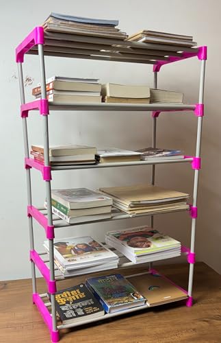 Image of 6 Shelves Layer Modern Simple Home Library, Book Stand Book Shelf with Storage Display Rack Open Bookcase Showcase Stand Book Rack for Study Room (Pink)
