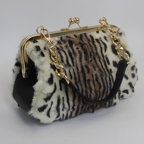 Fosrion Luxury Mink Fur Leopard Print Handbag – Small Kiss Lock Purse with Gold Chain Strap, Evening & Shoulder Bag2