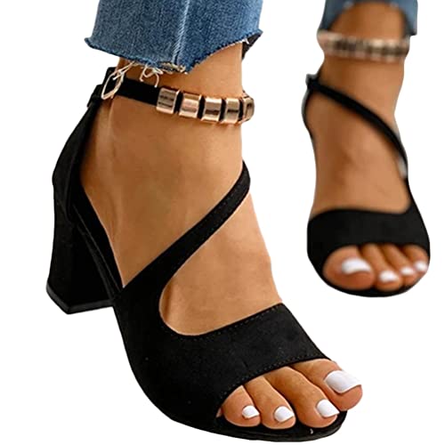 ticticlily Damen Blockabsatz Sandalen Wildleder Knöchelriemen Sandaletten mit Absatz Elegant Riemchensandalen Offen Zehen High Heel Sandale für Party Prom Hochzeit A Schwarz 35 EU