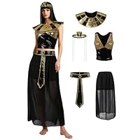 JEGERMIG Fantasia da rainha egípcia Cleópatra, vestido preto e dourado com colarinho, acessório para cabeça e cinto, tamanho padrão adulto
