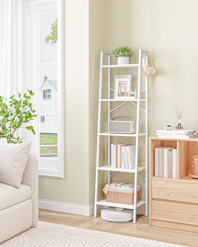 Image of Hzuaneri Ladder Shelf, Bookshelf Bookcase, Freestanding Corner Storage Shelve with 2 Hooks for Home Office, Living Room, Kitchen, Bedroom, Industrial, 5-Tier White BC19213W