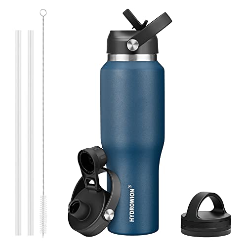 Image of HYDROWION 32oz Stainless Steel Water Bottle(Cold for 48 Hrs, Hot for 24 Hrs), Double Wall Vacuum Insulated Water Flask with Straw Lid, Spout Lid and Flex Cap, Fit in Any Car Cup Holder, Cobalt