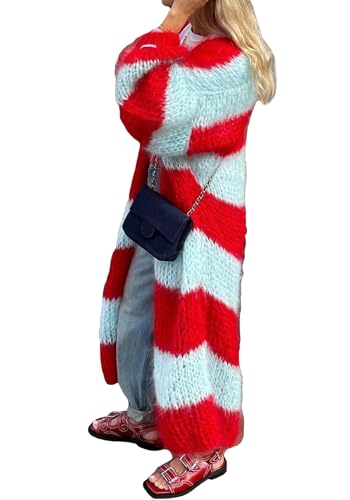 Women's Color Block Striped Long Cardigan Sweaters Open Front Oversized Chunky Knit Slouchy Loose Sweater Coat