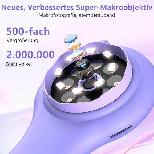 WUIOWPPIC Handheld Mikroskop für Kinder, Lupenglas für Kinder, 500X Tragbares Taschenmikroskop mit 2-Zoll IPS-Bildschirm, Wiederaufladbar, Lernspielzeug für Entdecker Set für Kinder ab 6