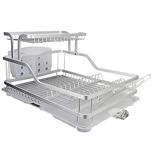Evelyne GMT-10219 Kitchen Aluminum Frame Tier Dish Drying Counter Top Rack With Utensils Holder
