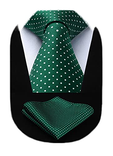 HISDERN Mens Polka Dot Tie Handkerchief Woven Classic Men's Necktie & Pocket Square Set Formal Green