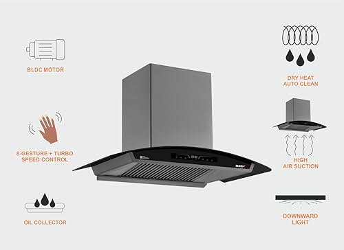 Image of Sujata 90cm Auto Clean Kitchen Chimney | 15 Years BLDC Motor Warranty & 5 Years Comprehensive Warranty | 13 Gesture & Touch Control, Powerful Suction, Low Noise, Wall Mounted, LED Panel(Quartz-Black)