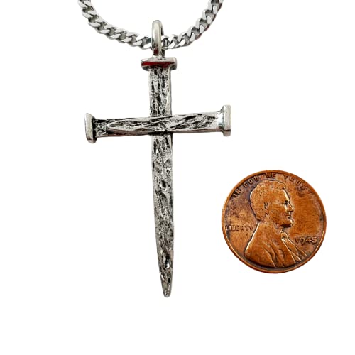 FORGIVEN JEWELRY Nail Cross Large Antique Silver Metal Finish Mens Pendant Stainless Steel Curb Chain Necklace3