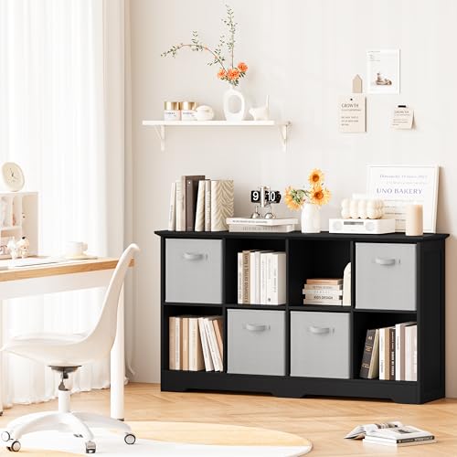 Image of 8 Cube Storage Organizer Shelf, Wood Cubby Storage with 4 Fabric Drawers, 2 Tier Wooden Bookshelf with 2 Adjustable Shelves & Fluted Side Panels for Bedroom, Living Room, Home Office, Black