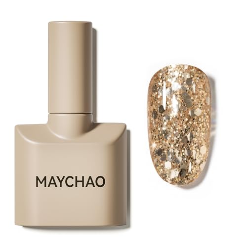 MAYCHAO 15ML Gold Glitter Gel Nail Polish 1Pc Sparkle Light Gold Gel Polish Soak Off UV LED Nail Polish Nail Art Starter Manicure Salon DIY at Home, 0.5 OZ