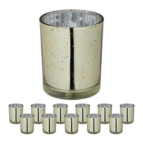 Teelichthalter Gold 21 Relaxdays Teelichtgläser, 12er Set, Teelichthalter Glas, Tischdeko, H...