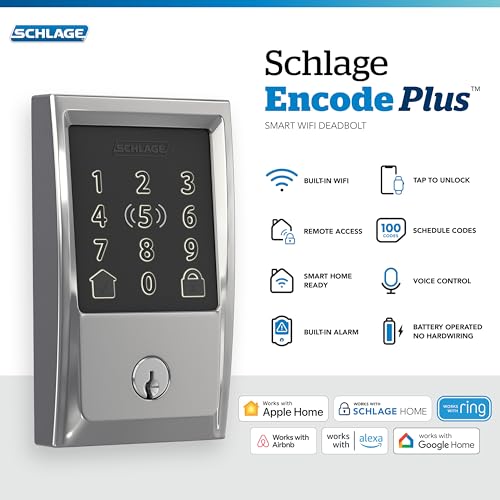 Image of Schlage Encode Plus Smart Wi-Fi Lock for Front Door, Keyless Entry Deadbolt, Unlock with Apple Watch, Built-in WiFi and App Control, Easy Install, Alexa & Apple HomeKit Compatible, Bright Chrome