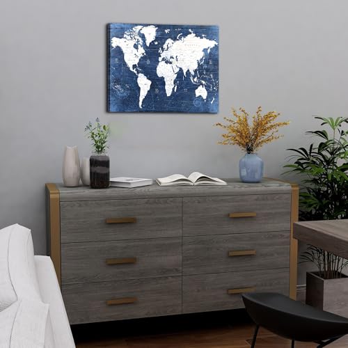 Image of World Map Canvas Wall Art Modern Office Pictures Decorations World Maps for Living Room Wall Decor Retro Map of World Poster Navy Blue Painting Artwork Framed Home Study Bedroom Decoration 12x16 inch