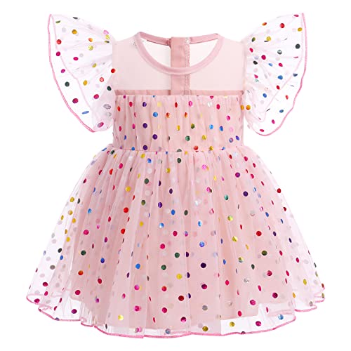 Toddler Baby Girl Tulle Dress Kids Polka Dot Sequins Dress Mesh Sleeve Flower Girl Birthday Party Dress Baptism Easter Valentine Christmas Dress For Baby Girl Tea Party Dress Light Pink 9-12 Months #TOP4
