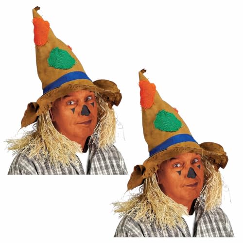 Beistle Scarecrow Hat 2-Pack Brown Fabric Hat with Straw Hair and Patch Accents Ideal for Fall Festivals Halloween Costumes and Harvest Headwear Decorations