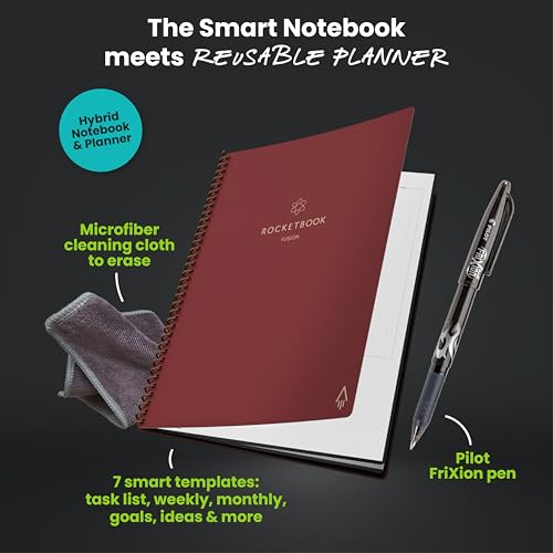 Image of Rocketbook Fusion Smart Reusable Notebook - Calendar, To-Do Lists, and Note Template Pages with 1 Pilot Frixion Pen & 1 Microfiber Cloth Included - Scarlet Sky Cover, Letter Size (8.5 inch x 11 inch)
