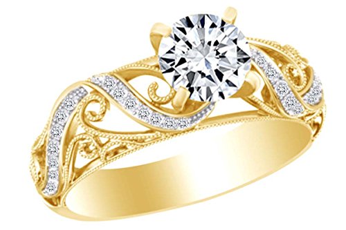 AFFY Round Cut White Cubic Zirconia Solitaire Engagement Ring in 14k Yellow Gold Over Sterling Silver Ring Size-8.5