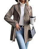 chouyatou Women's Vintage Plaid Blazer Wool Coat Elegant Shawl Collar Wool Blend Trench Pea Coat (Medium, Brown)