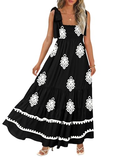 Image of CURBODO Women's Summer Maxi Dress Boho Spaghetti Straps Casual Long A-line Smocked Beach Dress Square Neck Flowy Sun Dress