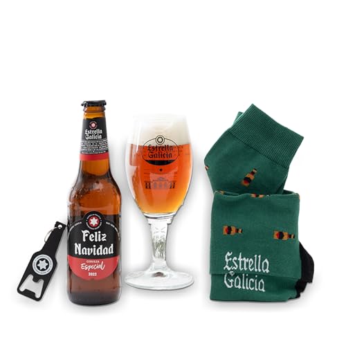 Bigcrafters - Pack de Regalo Amigo Invisible de Estrella Galicia, Incluye Botella de Cerveza Estrella Galicia Especial Edición Feliz Navidad + Copa, Calcetines Verdes y Llavero de Estrella Galicia