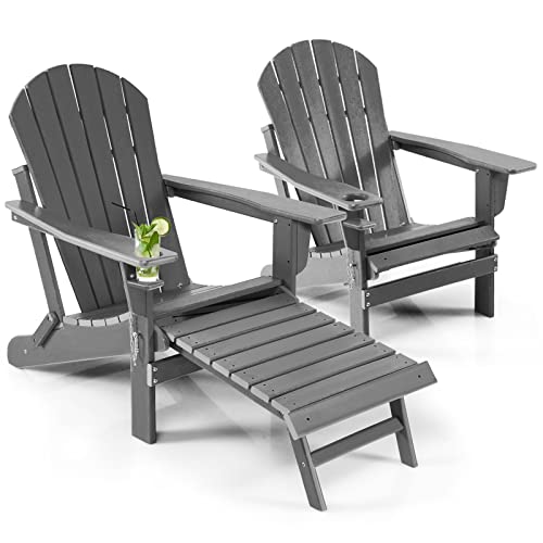 Oralner Folding Adirondack Chairs With Retractable Ottoman & Cup Holder, Hdpe Plastic Resin Outdoor Lounger Set Of 2 For Patio, Deck, Backyard, Porch, Balcony, Poolside, Garden, Lawn #TOP23