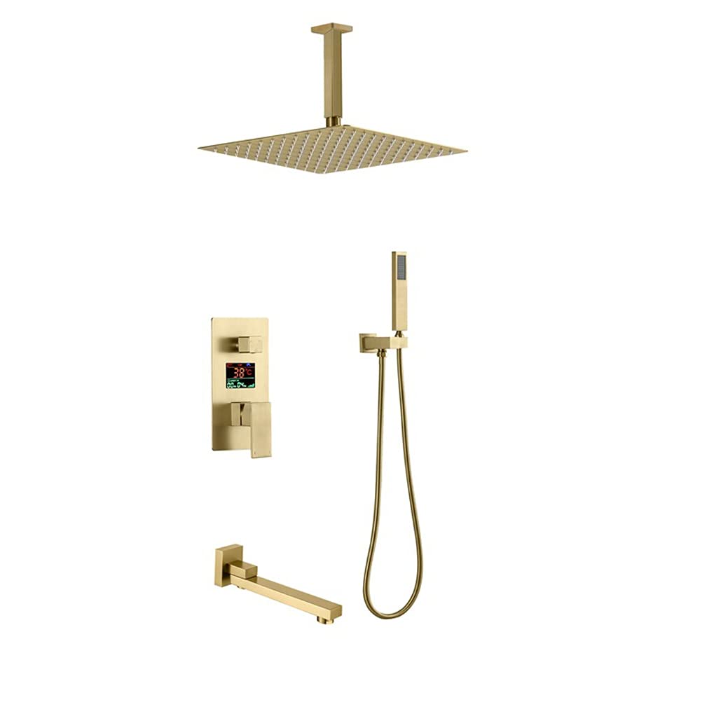 Sistema Doccia, Miscelatore Doccia a Pioggia con Display Digitale a LED Montato a soffitto, Oro Spazzolato, soffione Doccia a Pioggia Quadrato da 10-12 Pollici e rubinet