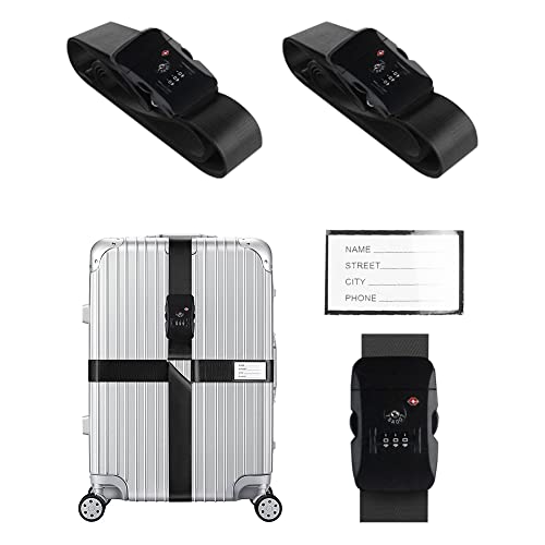 Veki Cross Luggage Straps Set TSA Approved with Lock Adjustable Travel Suitcase Belts Suitcase Tags with Name ID Card Packing Straps for Suitcases Strap Travel Accessories (Black*2pcs)