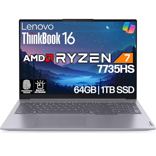 Image of Lenovo ThinkBook 16 G7 Business Laptop, 16 inch FHD+, AMD Ryzen 7 7735HS, 64GB DDR5, 1TB NVMe, WiFi 6E + BT, Backlit KB, Fingerprint Reader, HD Webcam, Win 11 Pro