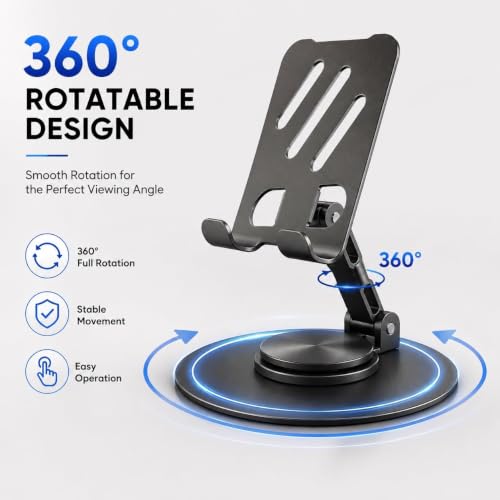 Image of 360 Rotatable Metal Mobile Stand for Desk | Foldable Adjustable Phone Holder with Anti-Slip Heavy Base | Universal Smartphone Stand Compatible with All Smartphones (Matte Black)