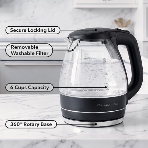 Image of OVENTE Electric Kettle, 1.5L Borosilicate Glass Countertop Water Heater and Boiler for Coffee or Tea, BPA-Free, Auto Shut-Off, Boil-Dry Protection, Removable and Washable Spout Filter, Black KG83B
